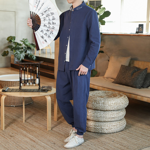 2025春夏新款男装套装风复古棉麻祥云刺绣大码灰色 A17-P85图片