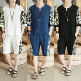 中国风男棉麻套装亚麻透气仙鹤两件套短袖+短裤A10-P85可分开销售，男装套装，电商B277(原6028)