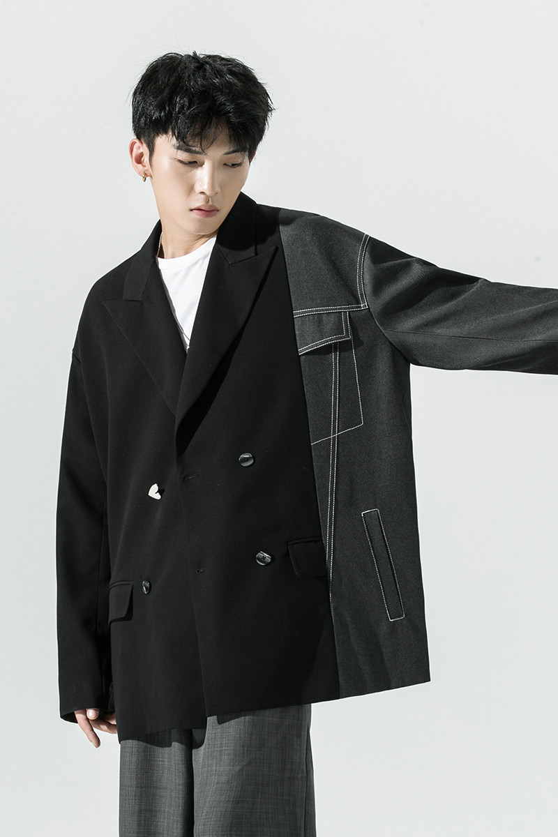 2026秋季新款日系西服拼接不对称宽松休闲西服外套黑GX10-P135,男装西服,电商B277(原6028)