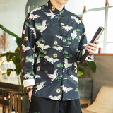 2026秋季新款男装风仙鹤印花衬衫盘扣唐装外套上衣C05-P70，男装衬衫，电商B277(原6028)