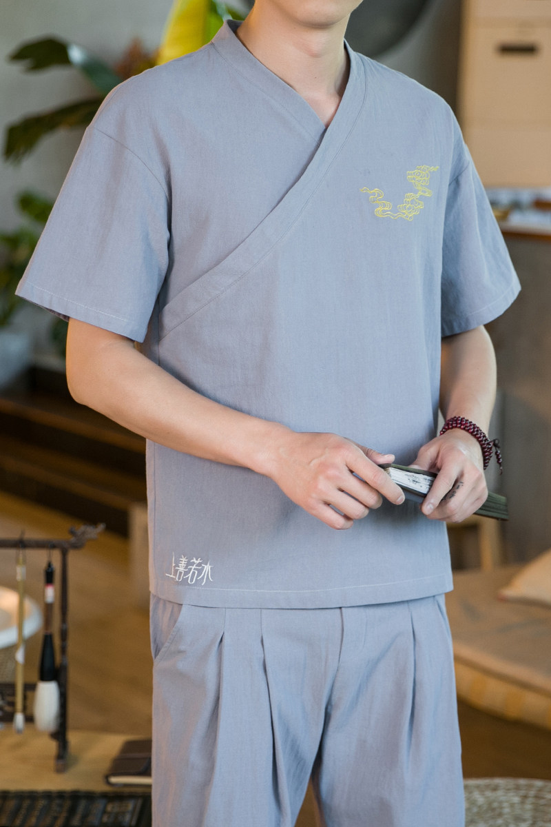 2025春季新款男装棉麻刺绣唐装衬衣风绣花短袖衬衫灰C11-P35,男装T恤,电商B277(原6028)