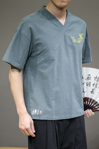 夏新款男棉麻刺绣宽松唐装衬衣风绣花短袖衬衫灰墙绿 C11图片
