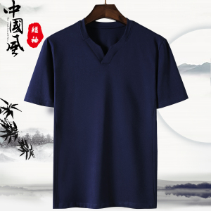 2021夏新款男装原创中国风V领短袖透气T恤中式上衣白底图 T17-P35图片