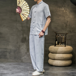 2025夏季新款男装套装风棉麻提花刺绣短袖两件套黑墙A12-P85,25岁时尚男装搭配衣服图片欣赏图片
