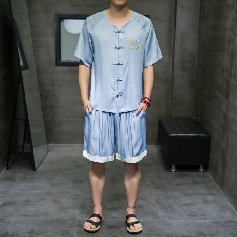 夏季新款男中国风天丝套装刺绣冰丝两件套短袖+短裤蓝色A19-P85，男装休闲套装，电商B277(原6028)