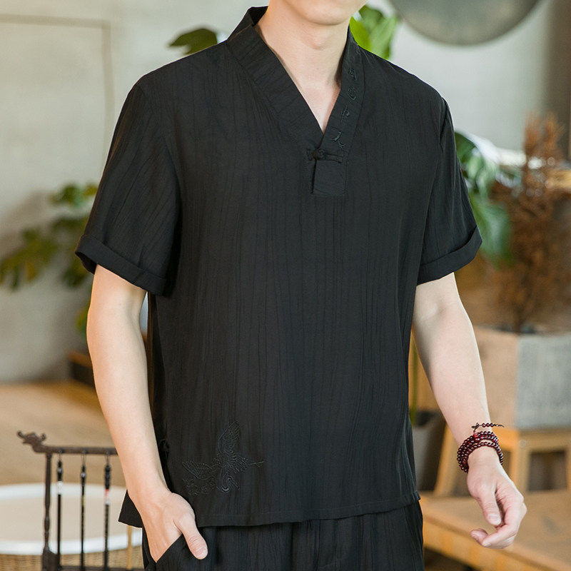 夏新款男装原创盘扣宽松唐装衬衣中国风绣花短袖衬衫深灰C31-P55,男装衬衫,电商B277(原6028)