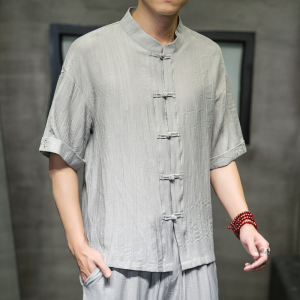 2025春季新款男风棉麻盘扣冰丝唐装衬衣绣花短袖浅灰C15-P55图片