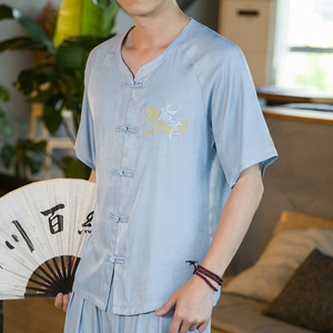 夏季新款男装天丝盘扣天丝宽松衬衣中国风绣花唐装衬衫蓝 C33-P45图片