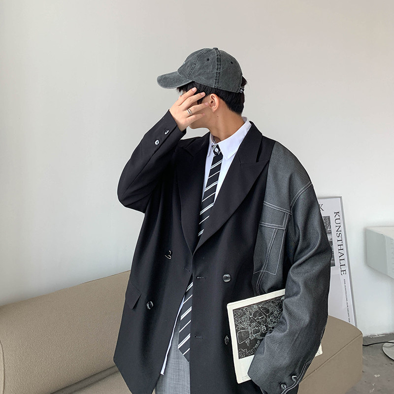 2026秋季新款西服拼接不对称宽松韩版休闲西服外套黑GX10-P135,男装西服,电商B277(原6028)