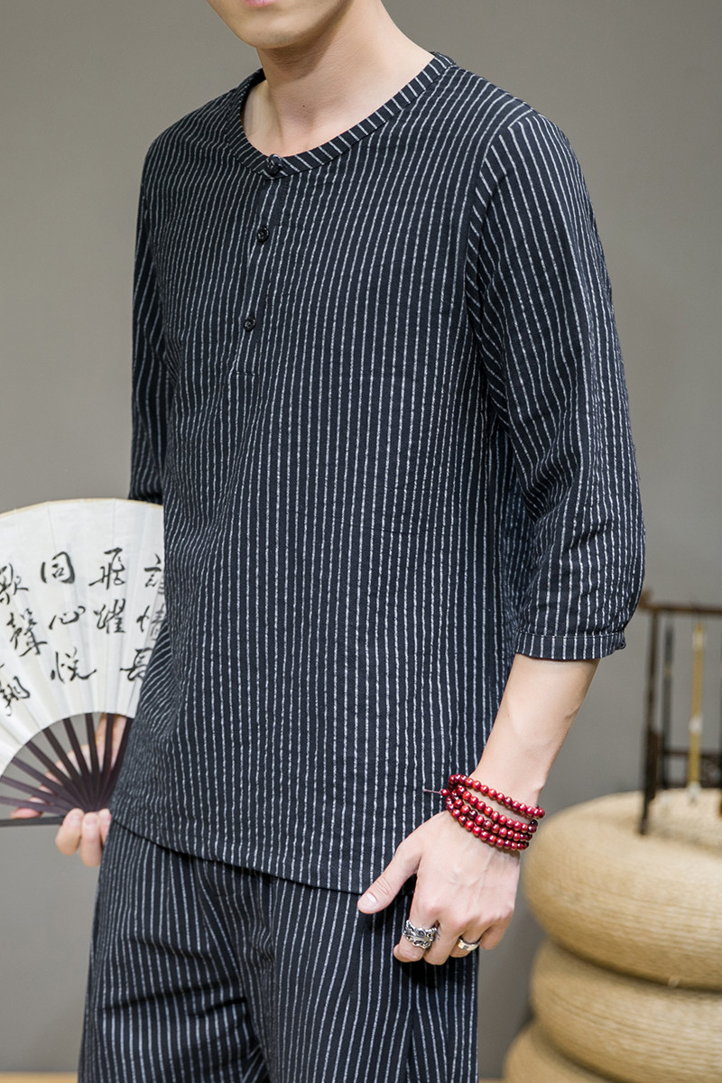 夏新款男棉麻原创盘扣宽松衬衣风条纹唐装衬衫灰墙黑C23,男装衬衫,电商B277(原6028)