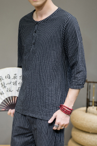 夏新款男棉麻原创盘扣宽松衬衣风条纹唐装衬衫灰墙黑 C23图片