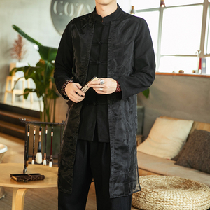 2021春季新款男装中国风欧根纱提花棉麻风衣中长款外套F10-P55