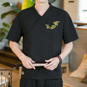 夏季新款男装棉麻刺绣宽松唐装衬衣中国风绣花短袖衬衫绿 C11-P35图片