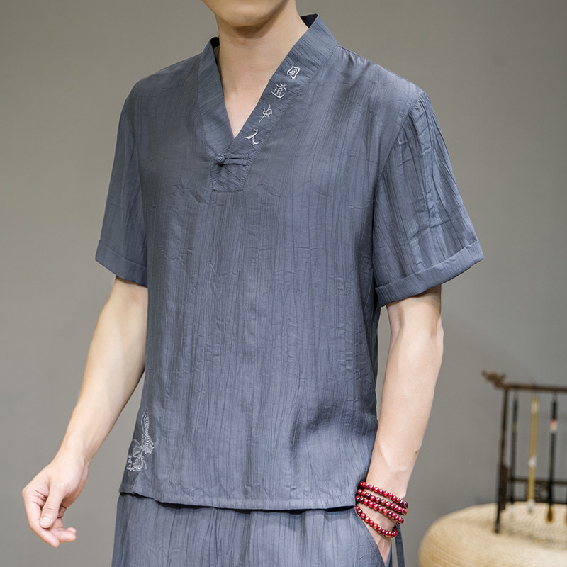 夏新款男原创盘扣宽松唐装衬衣风绣花短袖衬衫灰墙黑C31,男装衬衫,电商B277(原6028)