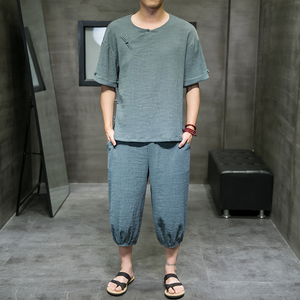 2025春季新款男风冰丝套装盘扣两件套短袖+七分裤墨绿A22-P95图片