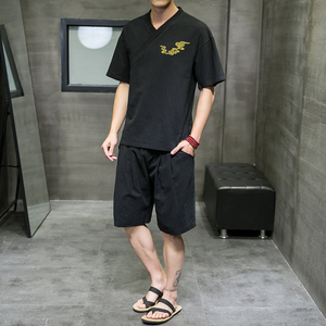 夏季新款男中国风棉麻套装刺绣两件套短袖+短裤黑色 A18-P55图片