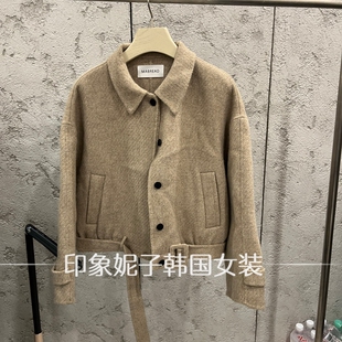 欧洲站 2026 秋冬短款双面呢外套女 翻领单排扣收腰毛呢大衣