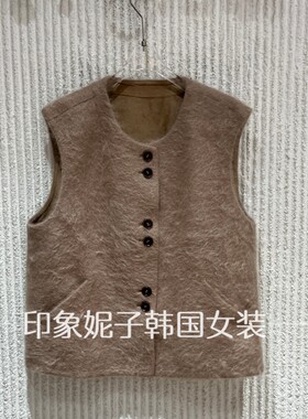 欧洲站秋冬圆领长毛单排扣马甲女