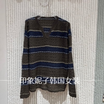 欧洲站2026秋季V领条纹针织衫