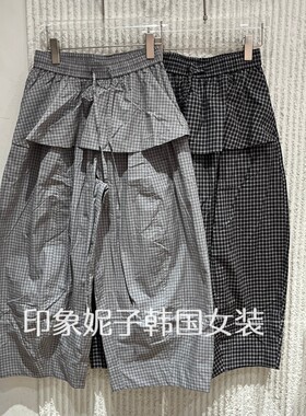 现货2026夏格子松紧腰直筒裤女