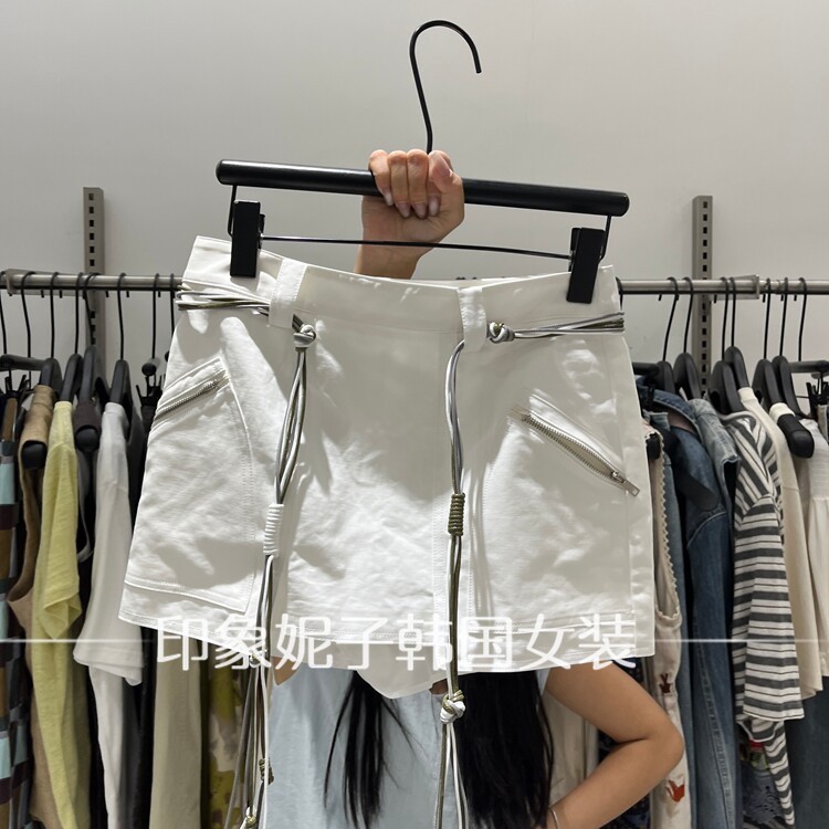 现货欧洲站2026夏季新款高腰休闲风白色拉链设计感女装短裙