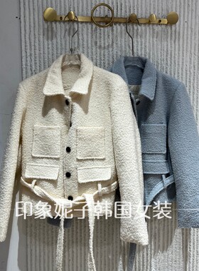 欧洲站秋冬翻领圈圈毛收腰短外套