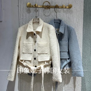 欧洲站 2026 秋冬翻领圈圈毛短外套女腰带收腰气质上衣101114