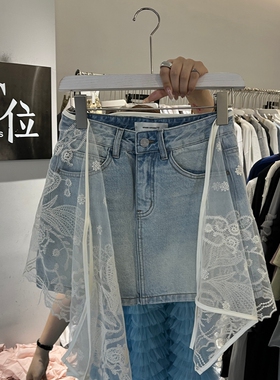 欧洲站2026夏新款复古蕾丝拼接牛仔半身裙女高腰A字短裙防走光516