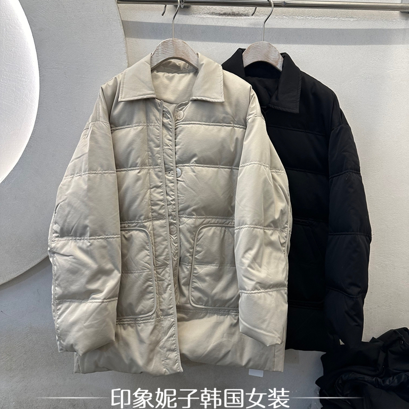 韩国进口2025冬季翻领羽绒服女中长款双口袋净色外套冬日暖核棉服