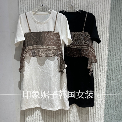 欧洲站2026夏印花拼接T恤两件套