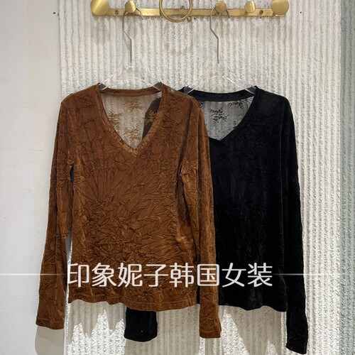 欧洲站秋季V领丝绒蕾丝拼接衬衫