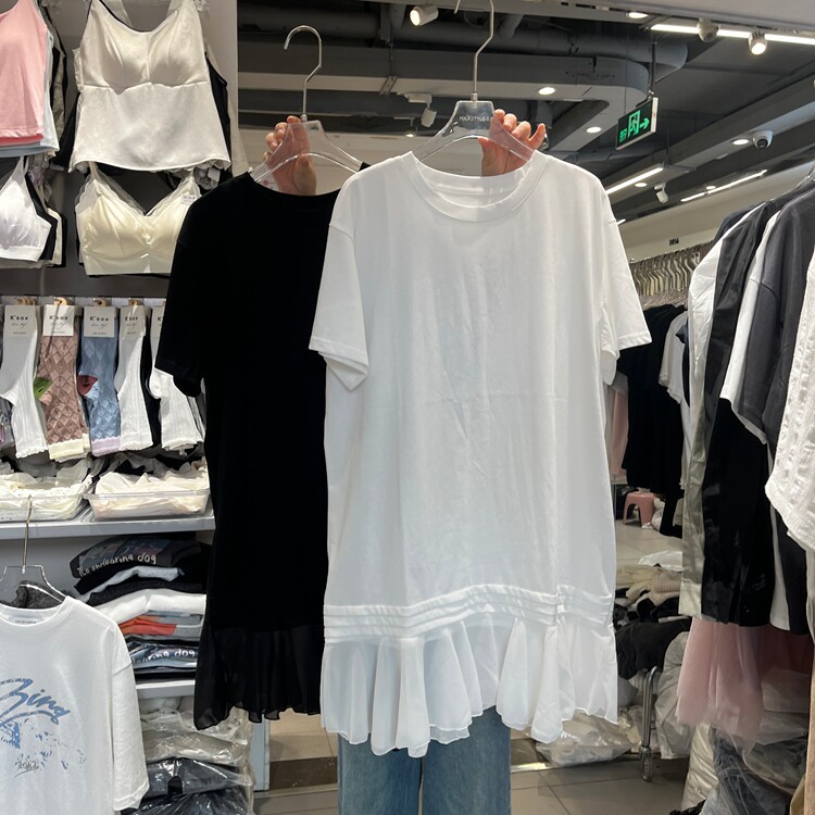 欧洲站2026夏季荷叶边拼接短袖T恤裙女夏季宽松百搭显瘦休闲上衣
