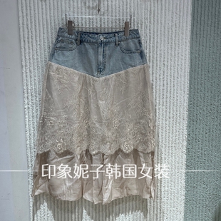 现货欧洲站2026夏季新款荷叶边女装中长款牛仔拼接半身裙06329