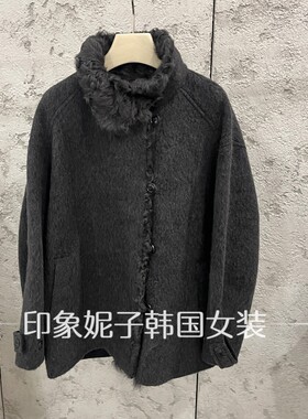韩国进口秋冬卷毛领毛呢短外套女