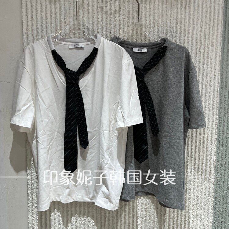 现货欧洲站2026夏季新款V领短袖T恤女领带装饰宽松百搭5633