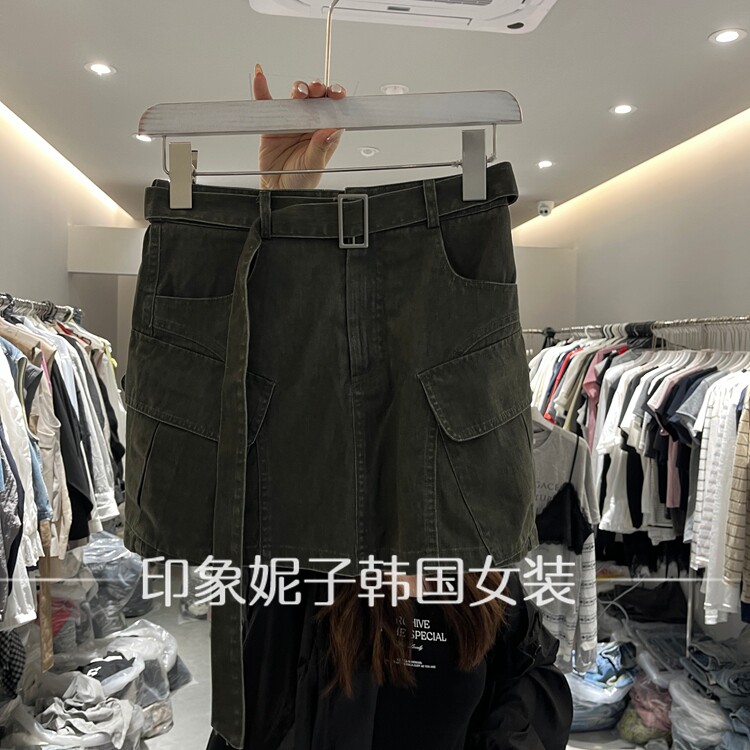 现货欧洲站复古工装风军绿色多口袋休闲裤女高腰腰带宽松短裤