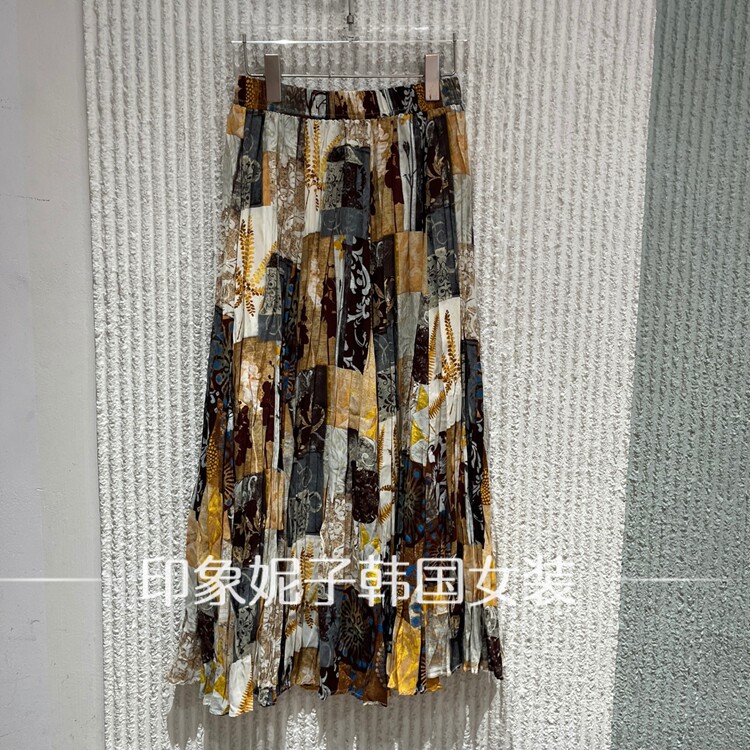 现货欧洲站2026夏新款复古几何印花百褶半身裙女高腰显瘦长裙9500