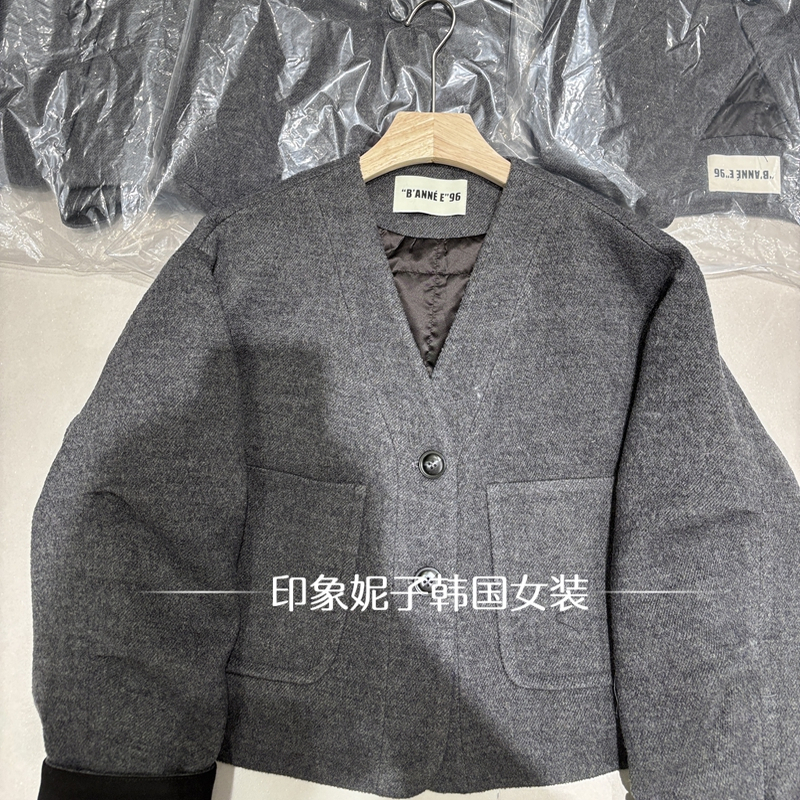 欧洲站现货2025冬季新款极简风无领毛呢外套女短款百搭羽绒服