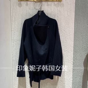 欧洲站 2026 秋冬不规则领系带收腰呢短大衣女2919