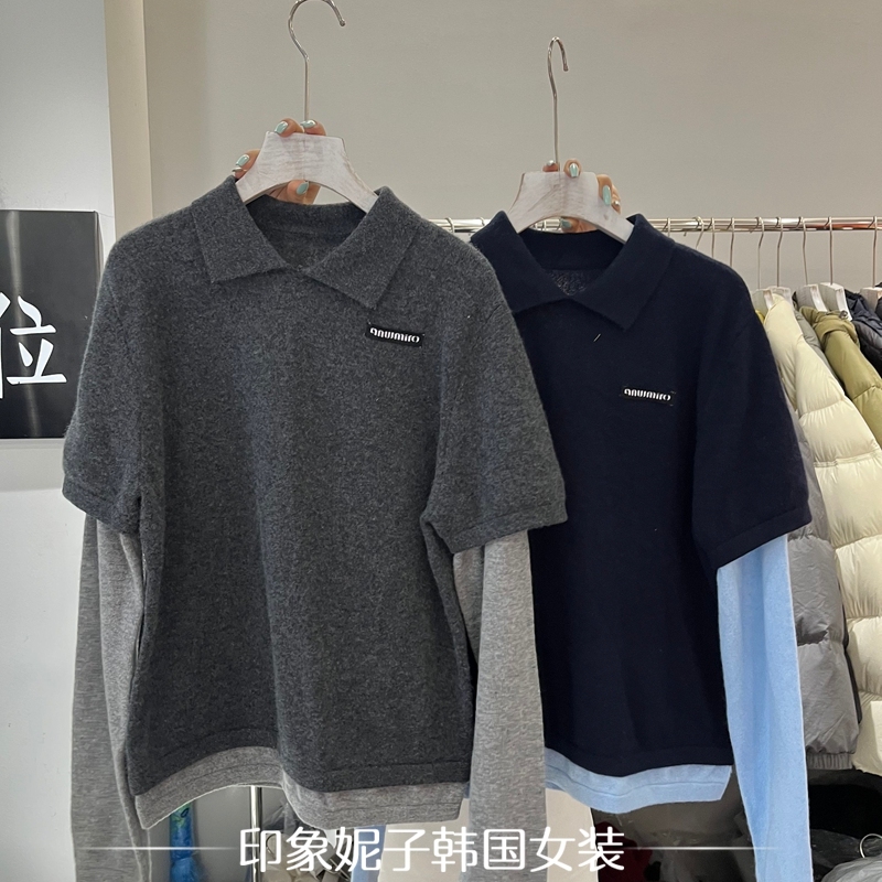 欧洲站现货2025冬季新款假两件羊绒衫女长袖拼色套头百搭针织衫