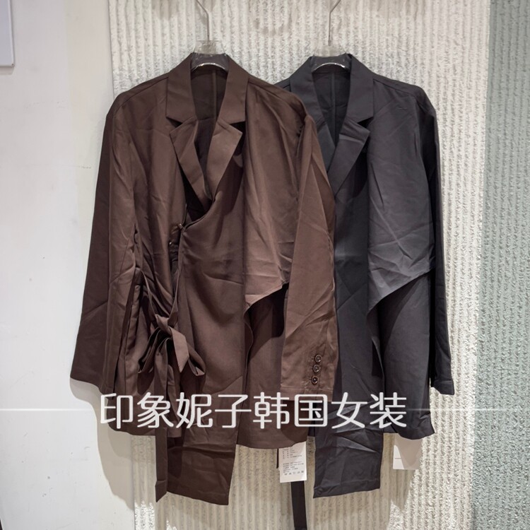 欧洲站2026秋季新款不规则口袋西装外套女百搭翻领系带中长款3097