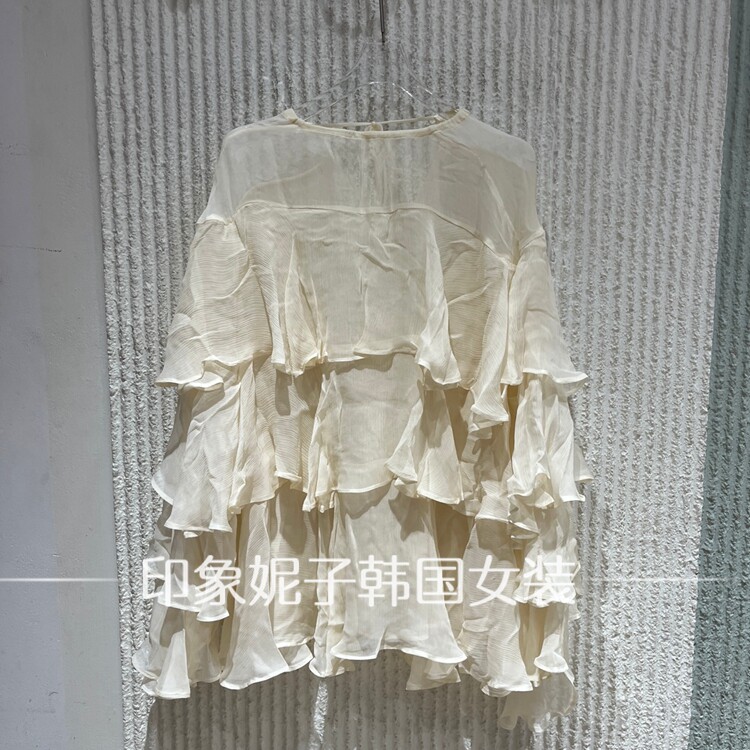 欧洲站2026夏新款温柔雾感风荷叶边雪纺衬衫女透视叠层上衣588692