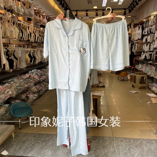 现货欧洲站2026夏季新款女士薄款衬衫领睡衣套装卡通家居服三件套