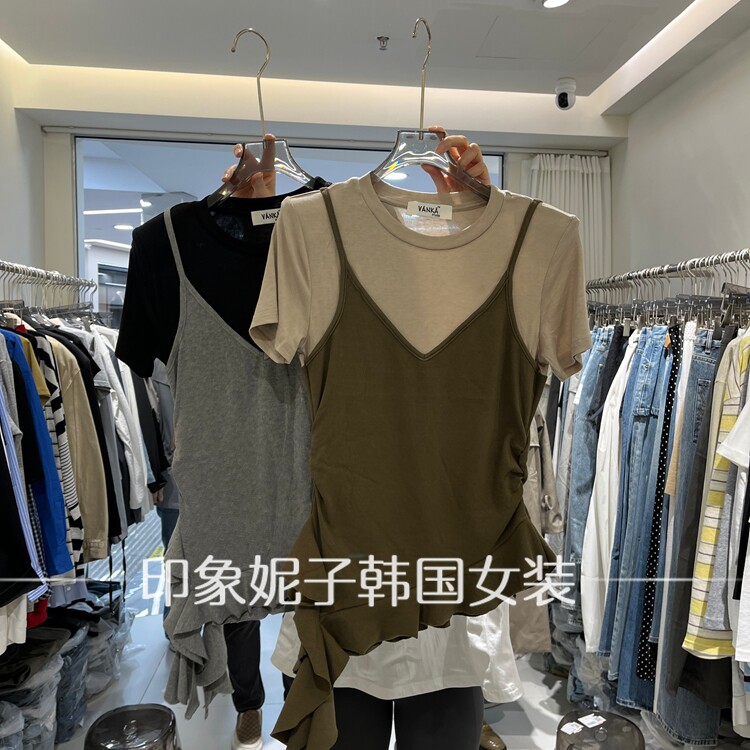 欧洲站2026春季新款假两件叠穿短袖T恤女显瘦修身小众女装