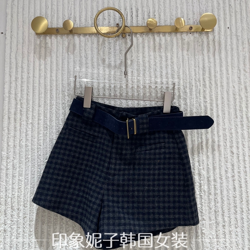 欧洲站2025冬季新款时尚高腰显瘦百搭格子休闲裤女短裤配腰带7125