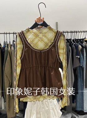 韩国进口秋新假两件格子背心减龄