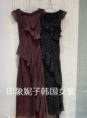 现货欧洲站2026夏季新款V领波点荷叶边收腰显瘦连衣裙女长裙15109