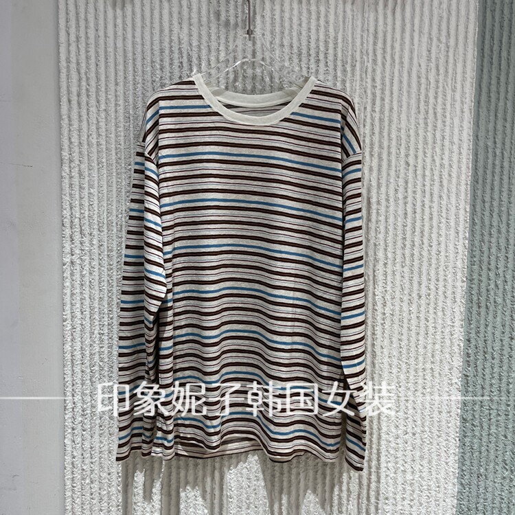 现货欧洲站2026夏新款长袖休闲条纹T恤女装圆领套头衫1136