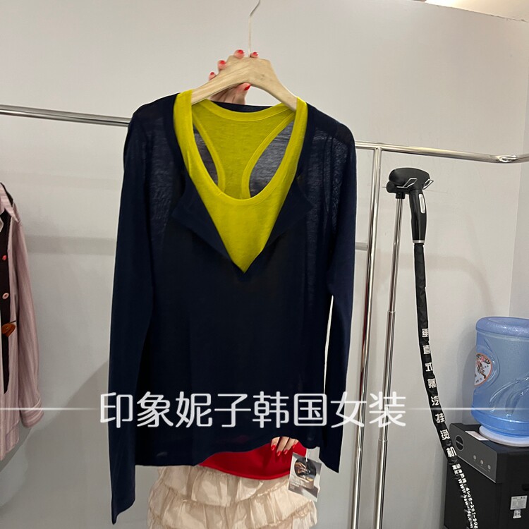 欧洲站2026秋季新款慵懒风撞色拼接长袖T恤女薄款叠穿防晒上衣