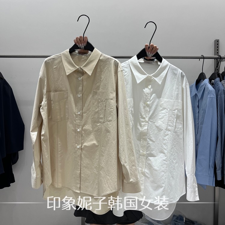 韩国进口2026春季新款时尚慵懒风长袖衬衫女宽松双口袋中长款休闲